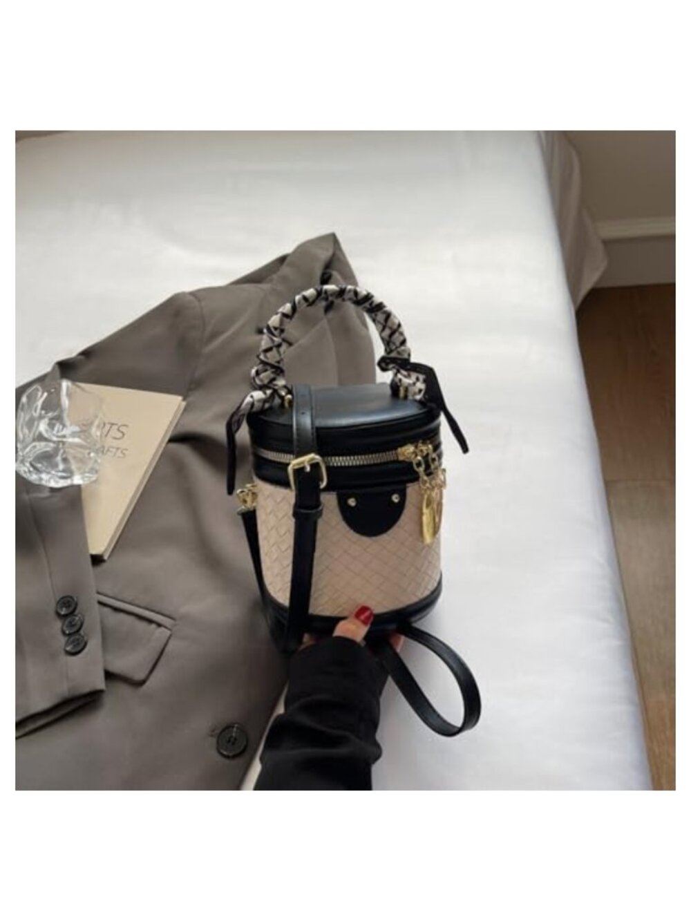 Woven Vegan Leather Crossbody Bucket Bag Mini Top Handle Handbag - Picture 2 of 6